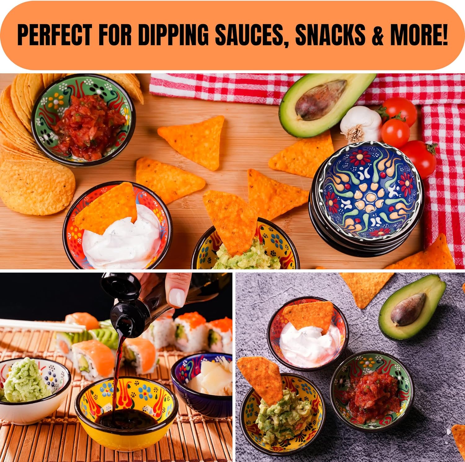 BCS Ceramic Chuck Bowl Set of 6, Dipping Bowls - Cooking Prep and Charcuterie Boards, Sauce Plates, Multicolor Hand Decorated Tableware (3.2 in - 3 oz),{非常的好}
