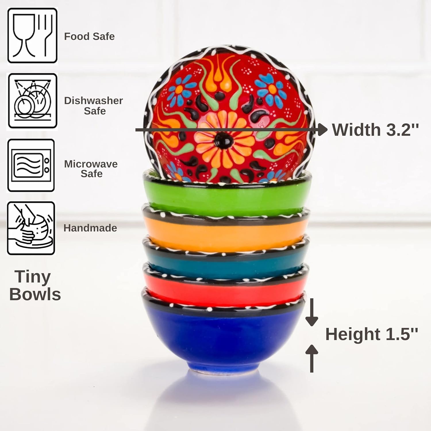 BCS Ceramic Chuck Bowl Set of 6, Dipping Bowls - Cooking Prep and Charcuterie Boards, Sauce Plates, Multicolor Hand Decorated Tableware (3.2 in - 3 oz),{非常的好}